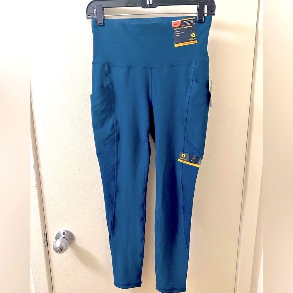 NWT XERSION Teal Blue High Waisted 7/8 Ankle Leggings, Pockets & Sheer Detail